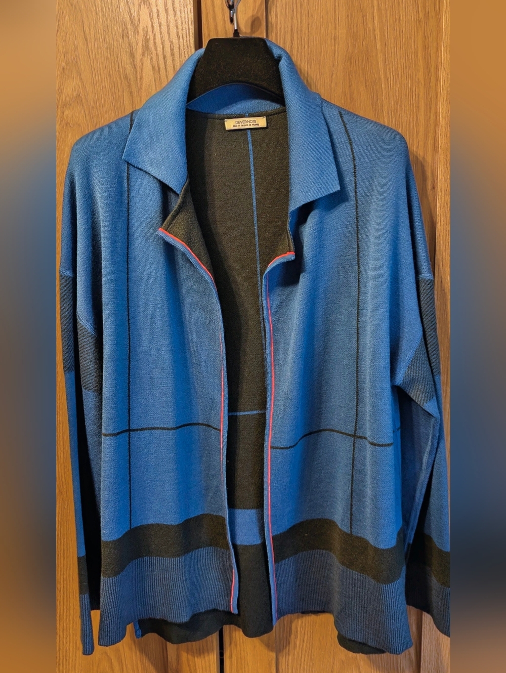 French Brand Blue Open-Front Cardigan with Black Paneling